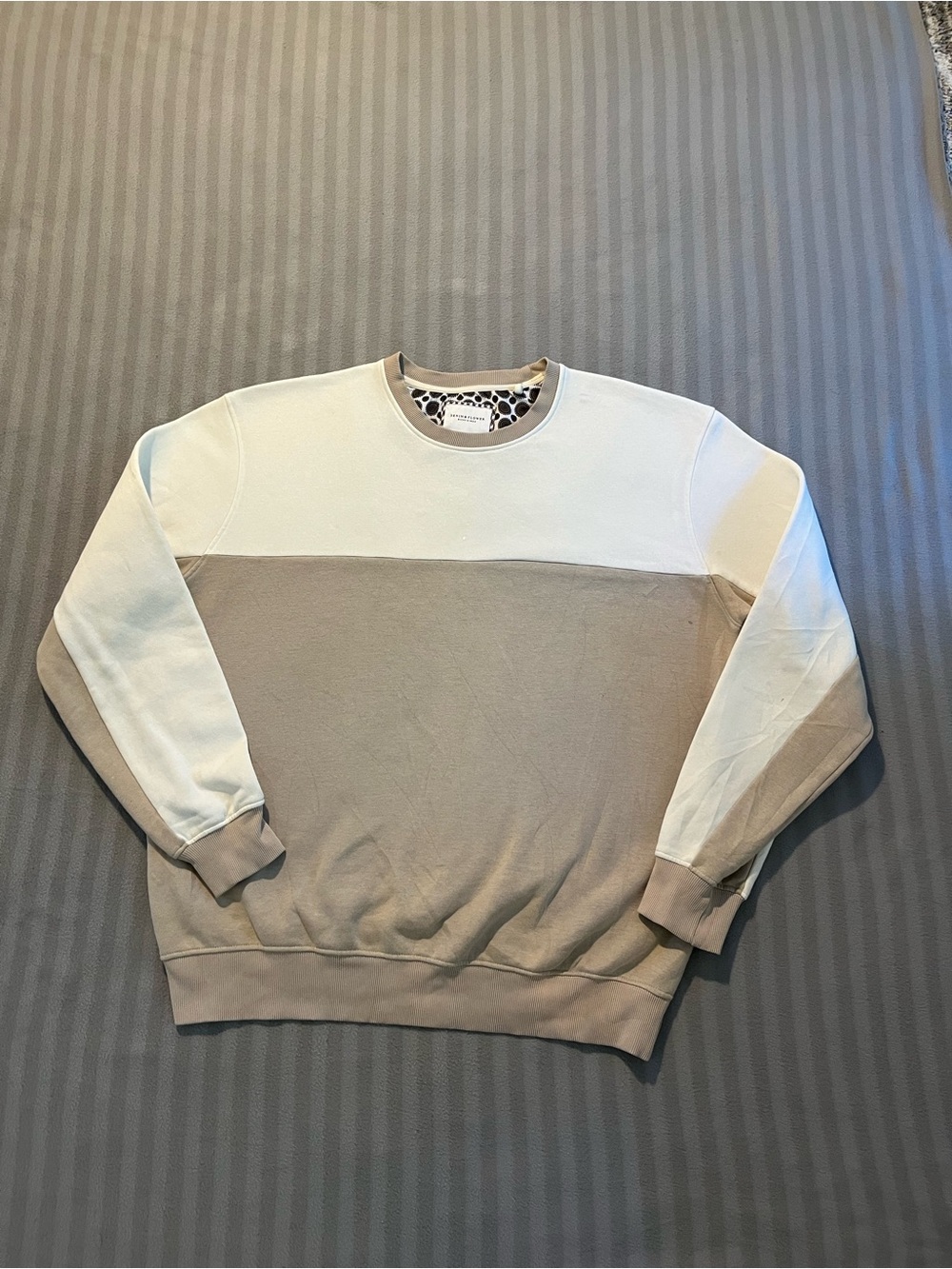 Denim & Flower Two-Tone Crewneck Sweater in Cream and Tan